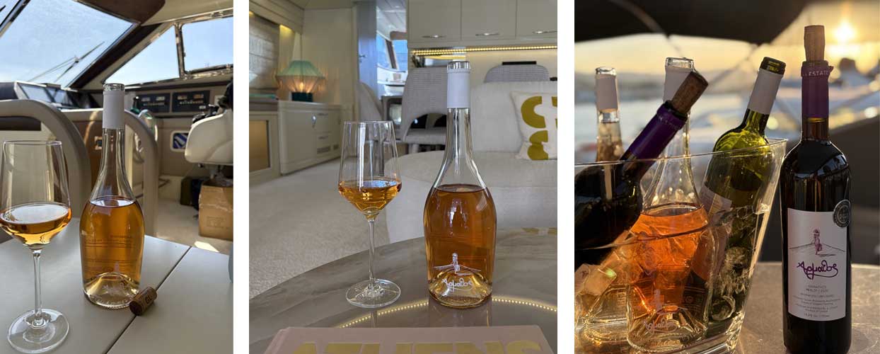 Χειροποίητο κρασί Άρμαθος σερβίρεται εντός πολυτελούς yacht — εμπειρία υψηλής αισθητικής